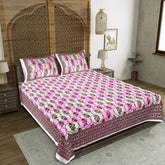 100% Cotton Sanganeri Traditional Double Bedsheet with 2 Pillow Covers - Pink Floral Design